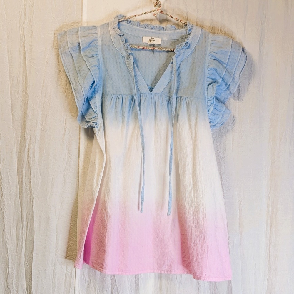Charming Babydoll Top by Entro Soft Blue White Pink Ombre Gradient Small Ruffle
